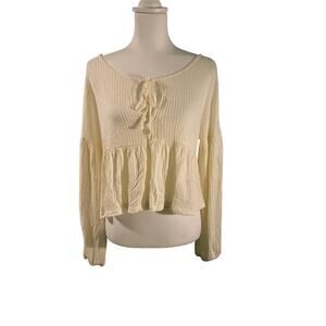 LUSH Long Sleeve Babydoll Waffle Knit Flounce Top In Cream Small
